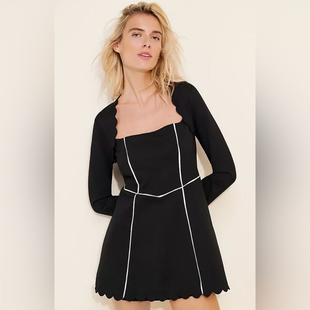 Anthropologie MAEVE Square-Neck Scalloped Hem Long-Sleeve Mini Dress M NWT $158